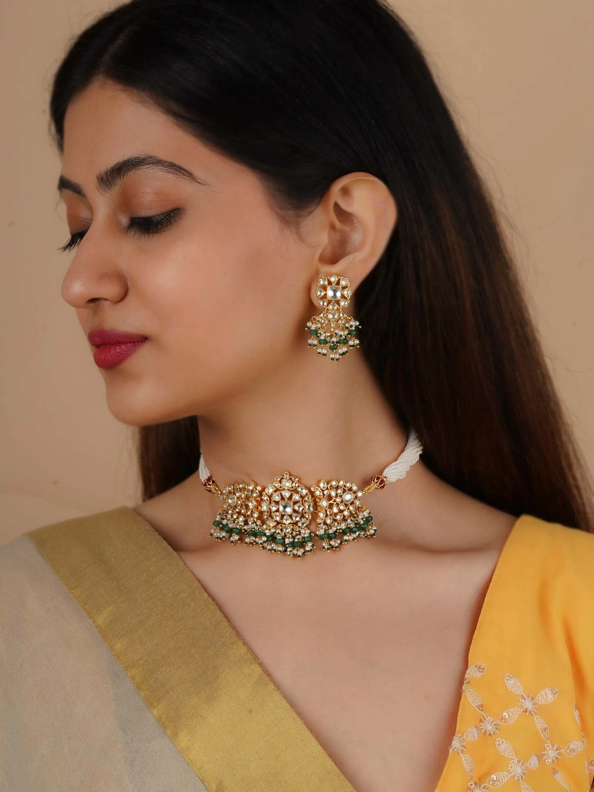Gold Plated Jadau Kundan Necklace Set - MS2215
