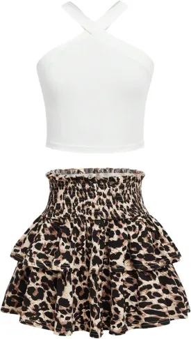 MakeMeChic Girl's 2 Piece Outfits Crop Top and Floral Print Shirred Ruffle Tiered Mini Skirt Set