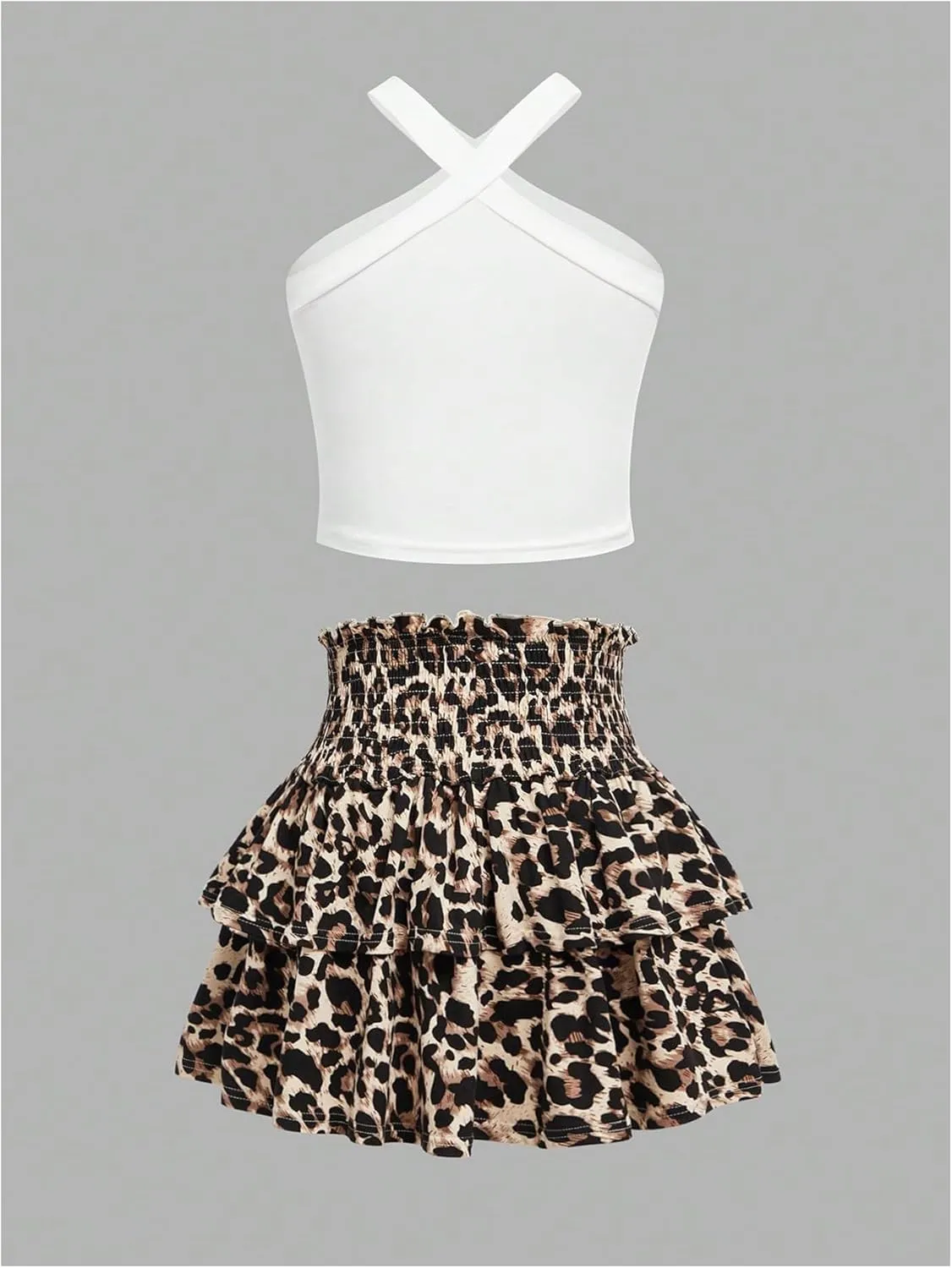 MakeMeChic Girl's 2 Piece Outfits Crop Top and Floral Print Shirred Ruffle Tiered Mini Skirt Set