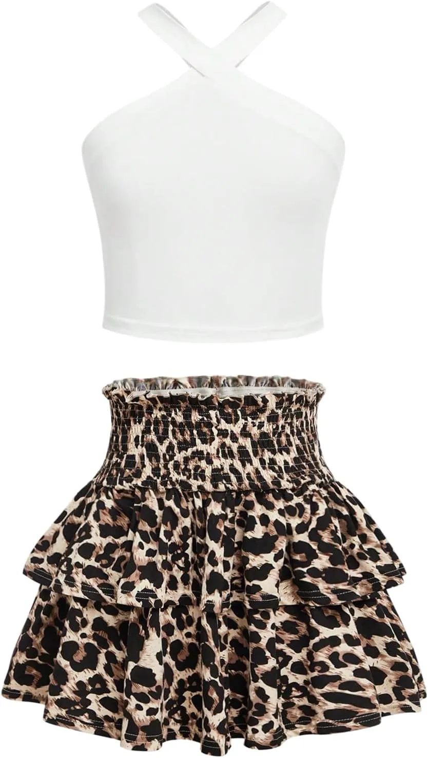 MakeMeChic Girl's 2 Piece Outfits Crop Top and Floral Print Shirred Ruffle Tiered Mini Skirt Set