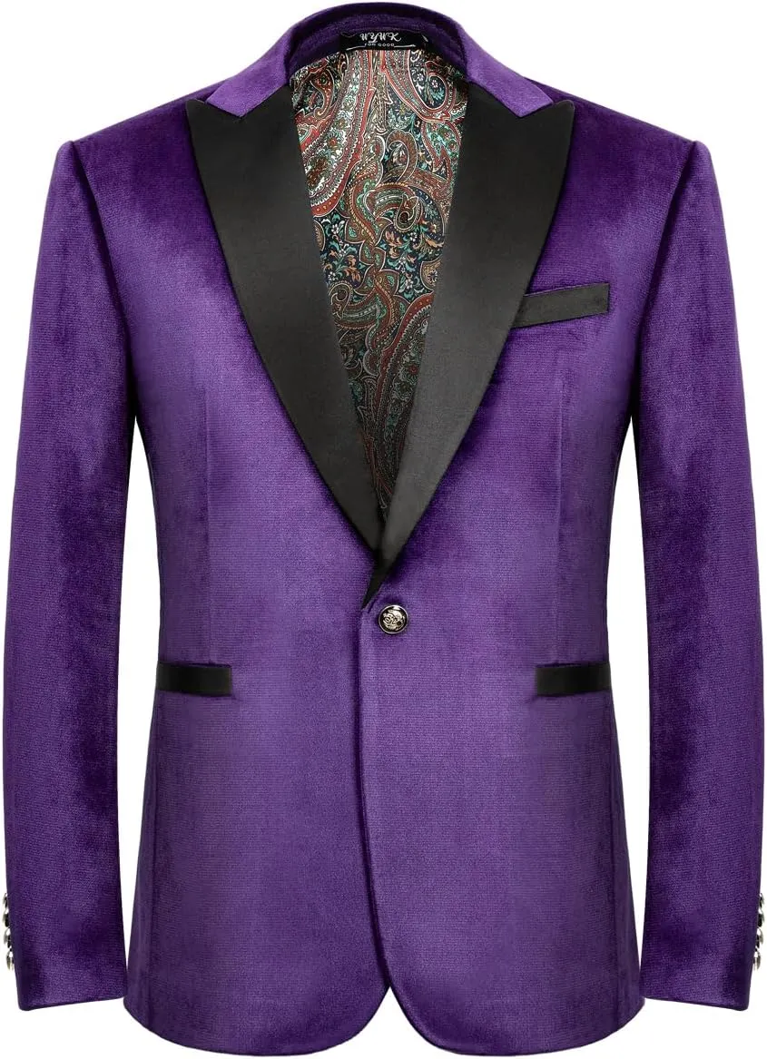 Men's Velvet Blazer One Button Casual Tuxedo for Men Blazer Lapel Prom Party Wedding Banquet
