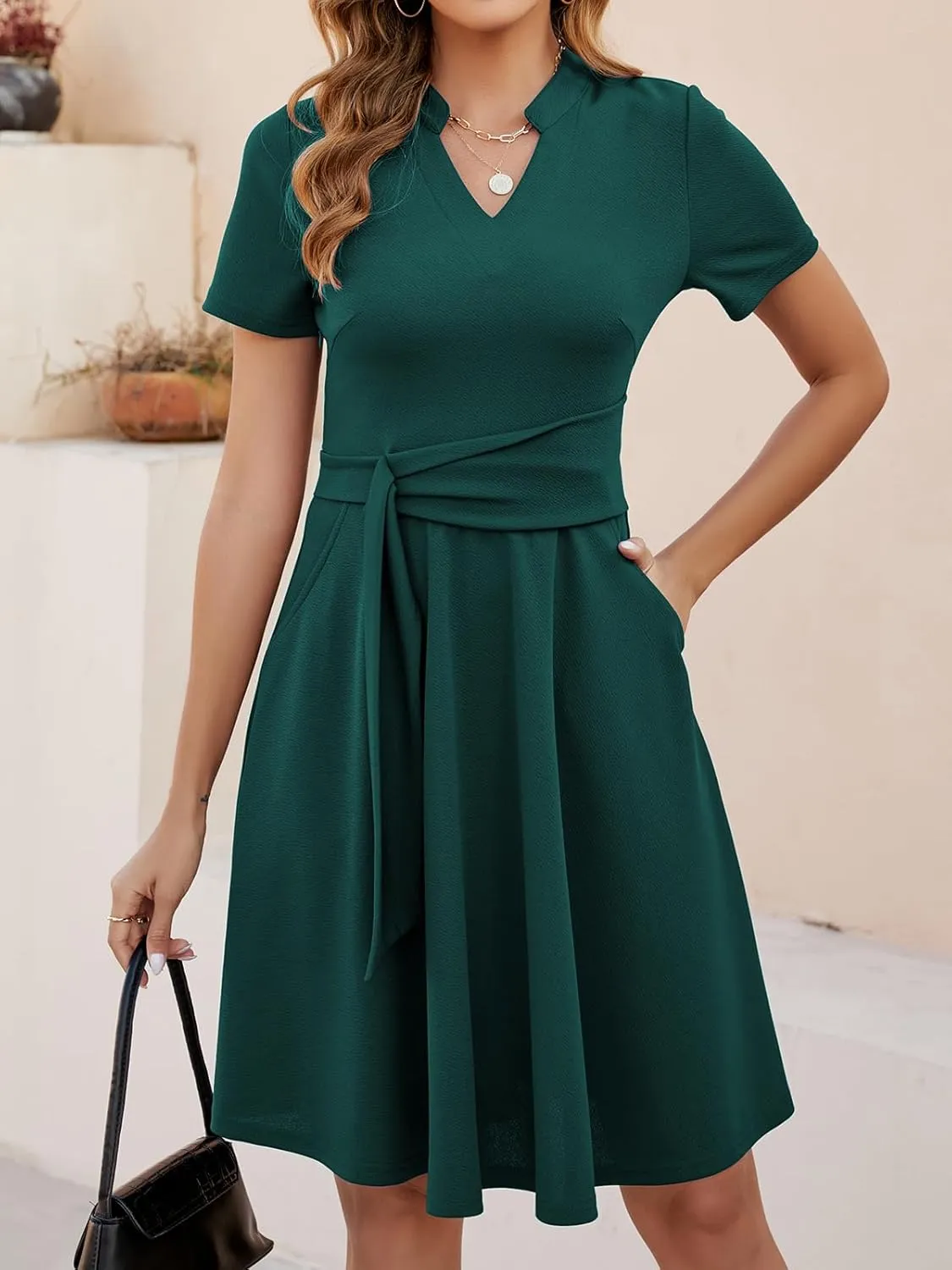 Mokayee Womens Summer Short Sleeve V Neck Fit and Flare A Line Business Casual Wedding Guest Work Dresses with Pockets