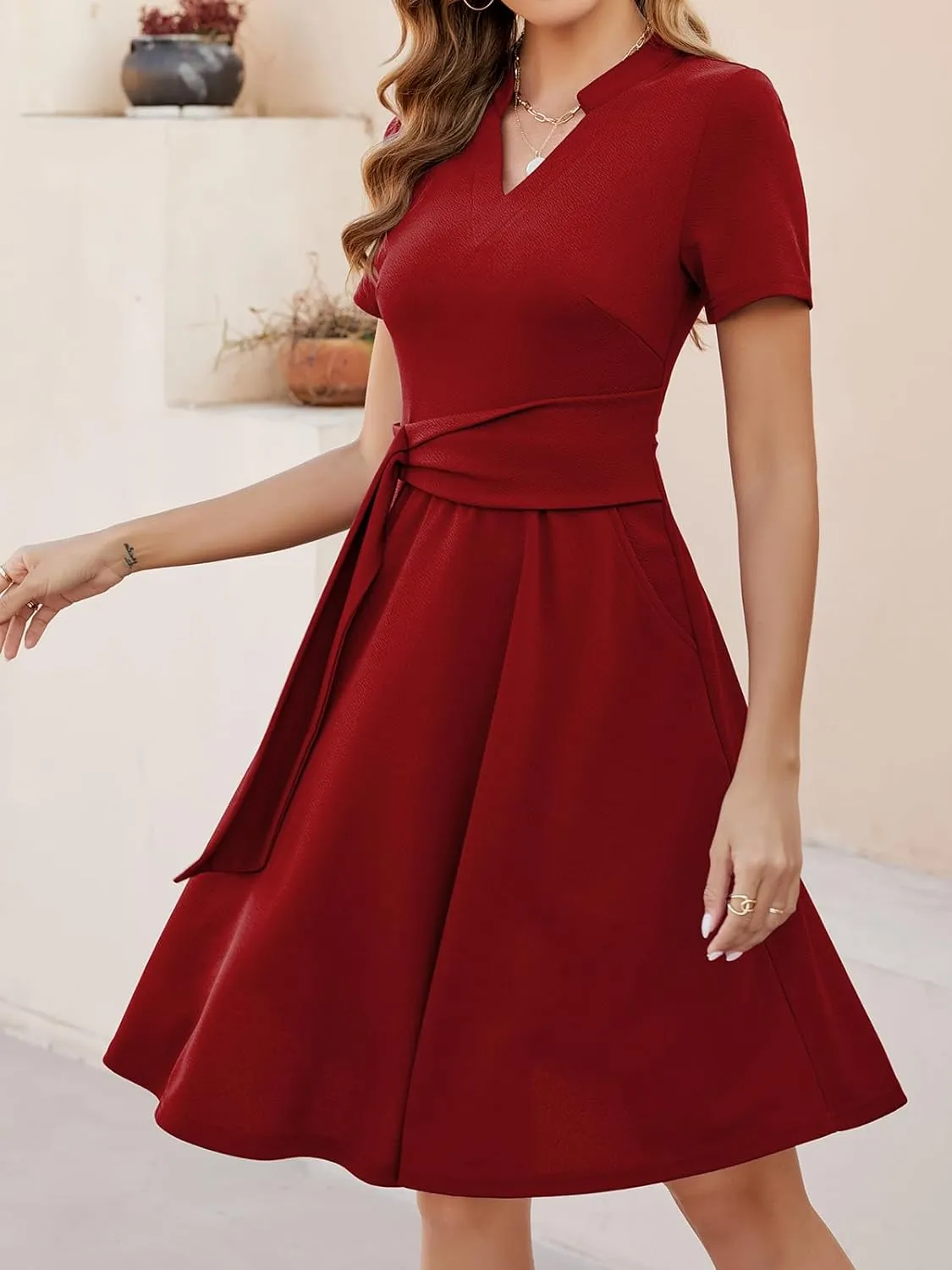 Mokayee Womens Summer Short Sleeve V Neck Fit and Flare A Line Business Casual Wedding Guest Work Dresses with Pockets