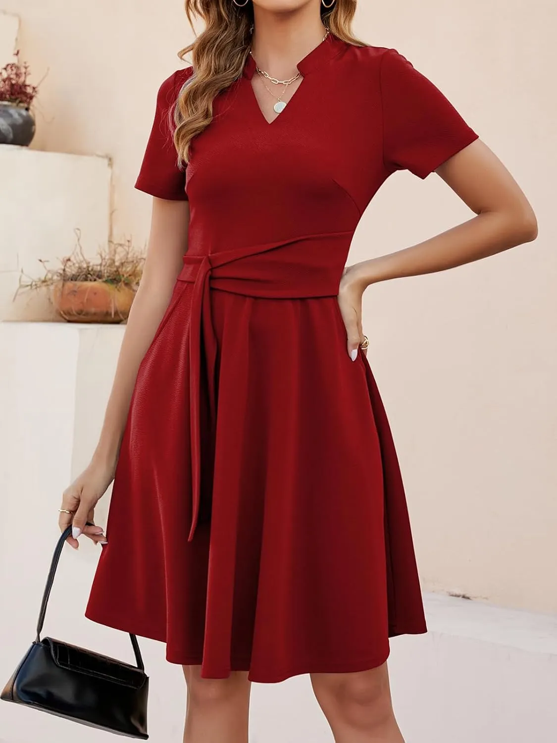 Mokayee Womens Summer Short Sleeve V Neck Fit and Flare A Line Business Casual Wedding Guest Work Dresses with Pockets