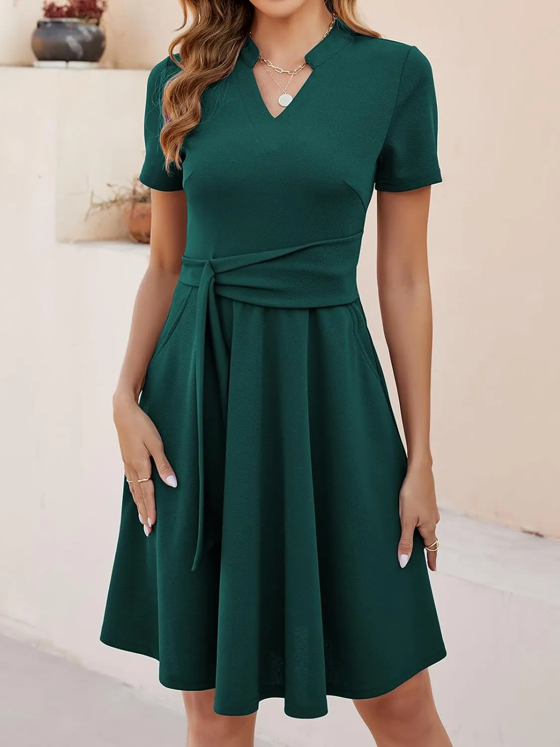 Mokayee Womens Summer Short Sleeve V Neck Fit and Flare A Line Business Casual Wedding Guest Work Dresses with Pockets