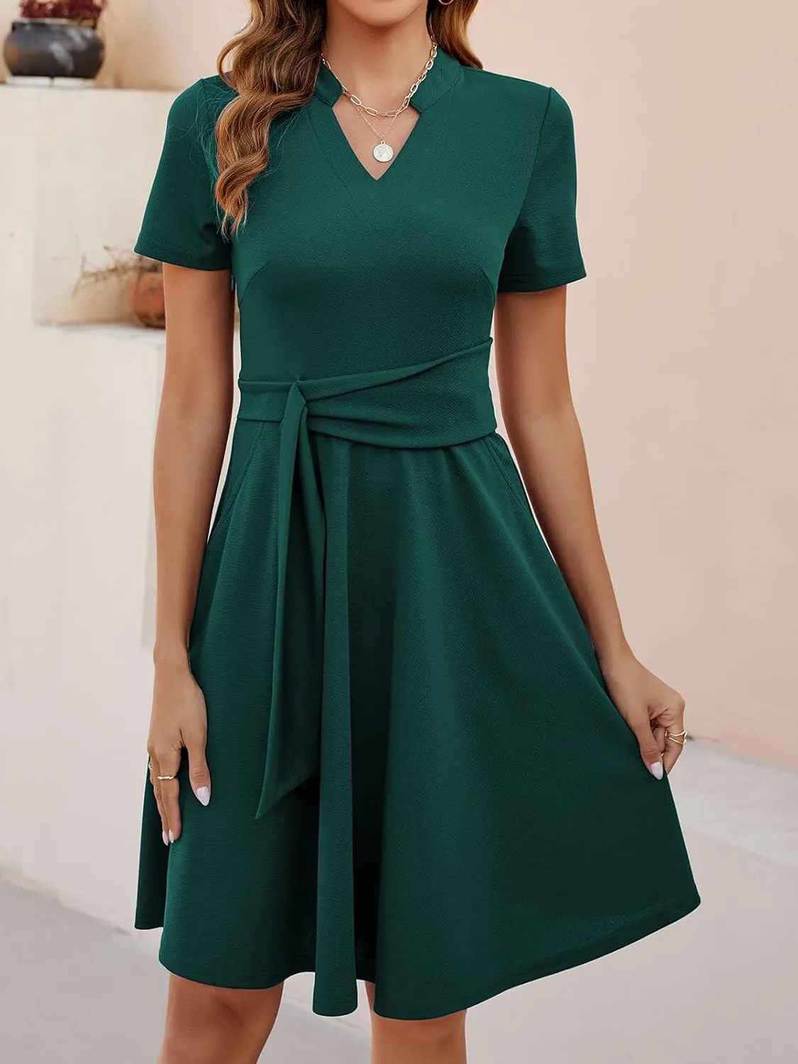 Mokayee Womens Summer Short Sleeve V Neck Fit and Flare A Line Business Casual Wedding Guest Work Dresses with Pockets