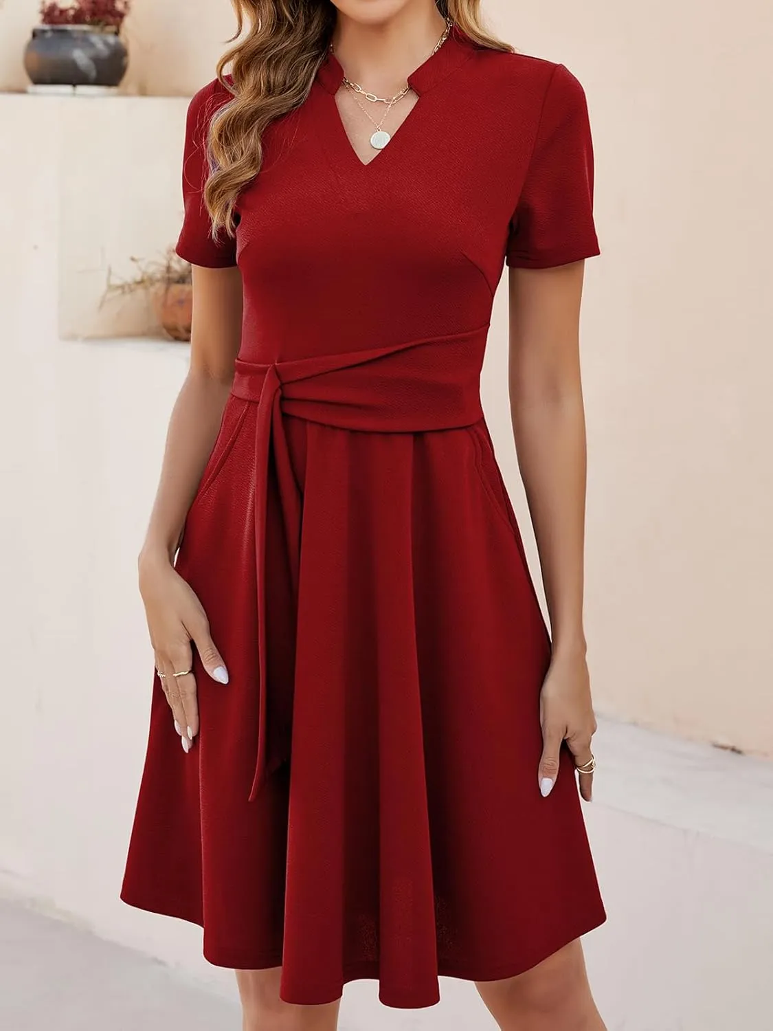 Mokayee Womens Summer Short Sleeve V Neck Fit and Flare A Line Business Casual Wedding Guest Work Dresses with Pockets