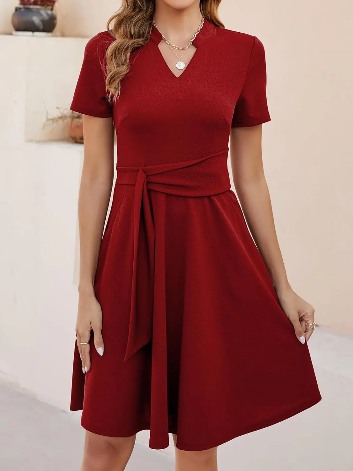 Mokayee Womens Summer Short Sleeve V Neck Fit and Flare A Line Business Casual Wedding Guest Work Dresses with Pockets