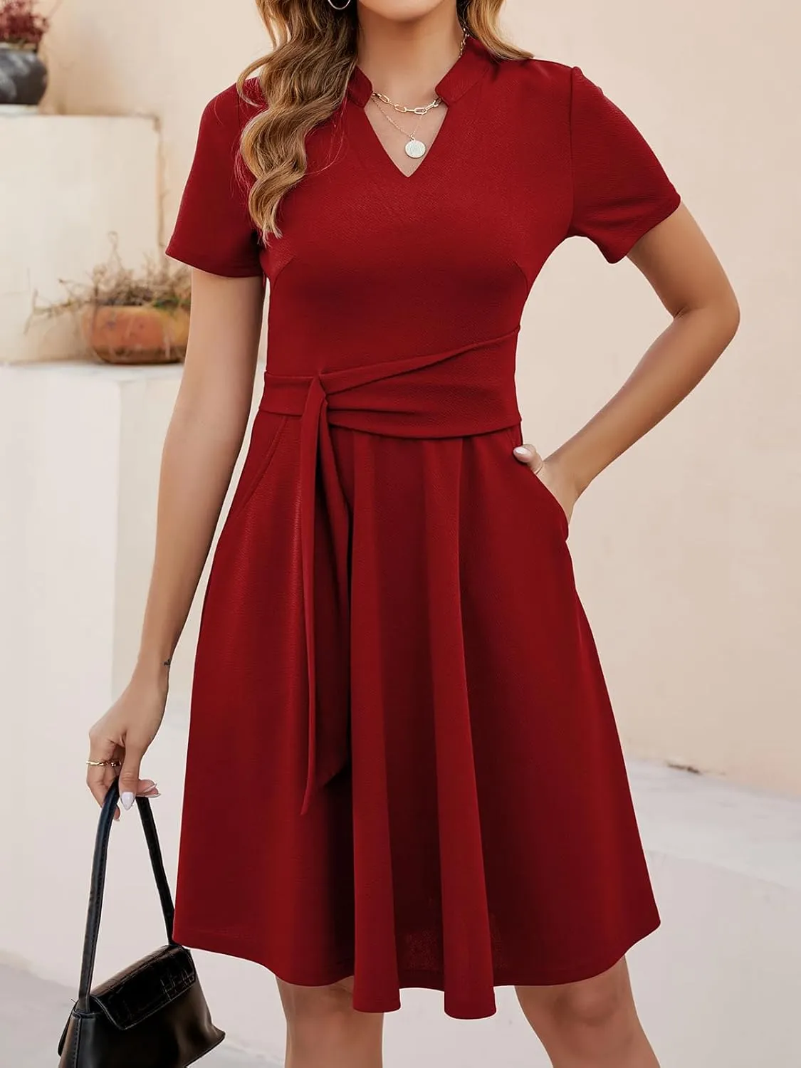 Mokayee Womens Summer Short Sleeve V Neck Fit and Flare A Line Business Casual Wedding Guest Work Dresses with Pockets