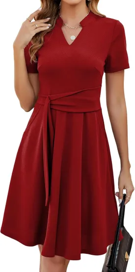 Mokayee Womens Summer Short Sleeve V Neck Fit and Flare A Line Business Casual Wedding Guest Work Dresses with Pockets
