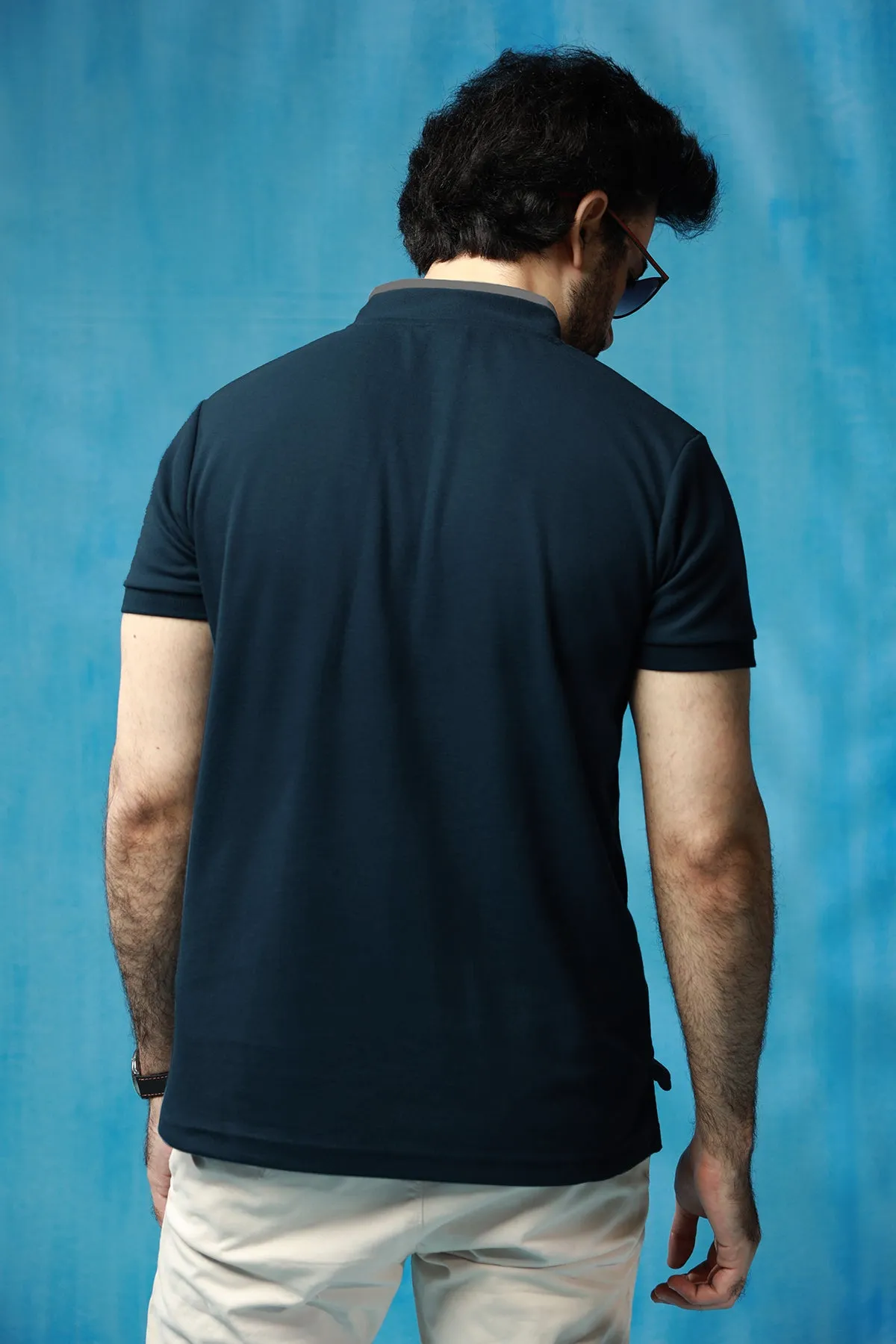 Navy Blue Mandarin Collar Polo Shirt  - S22 - MP0099R