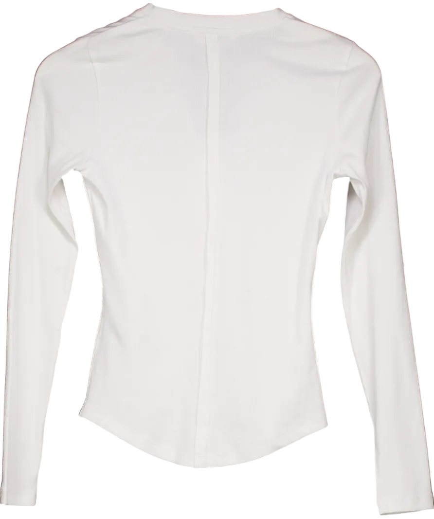 Next White Ribbed Henley Long Sleeve Top UK 8
