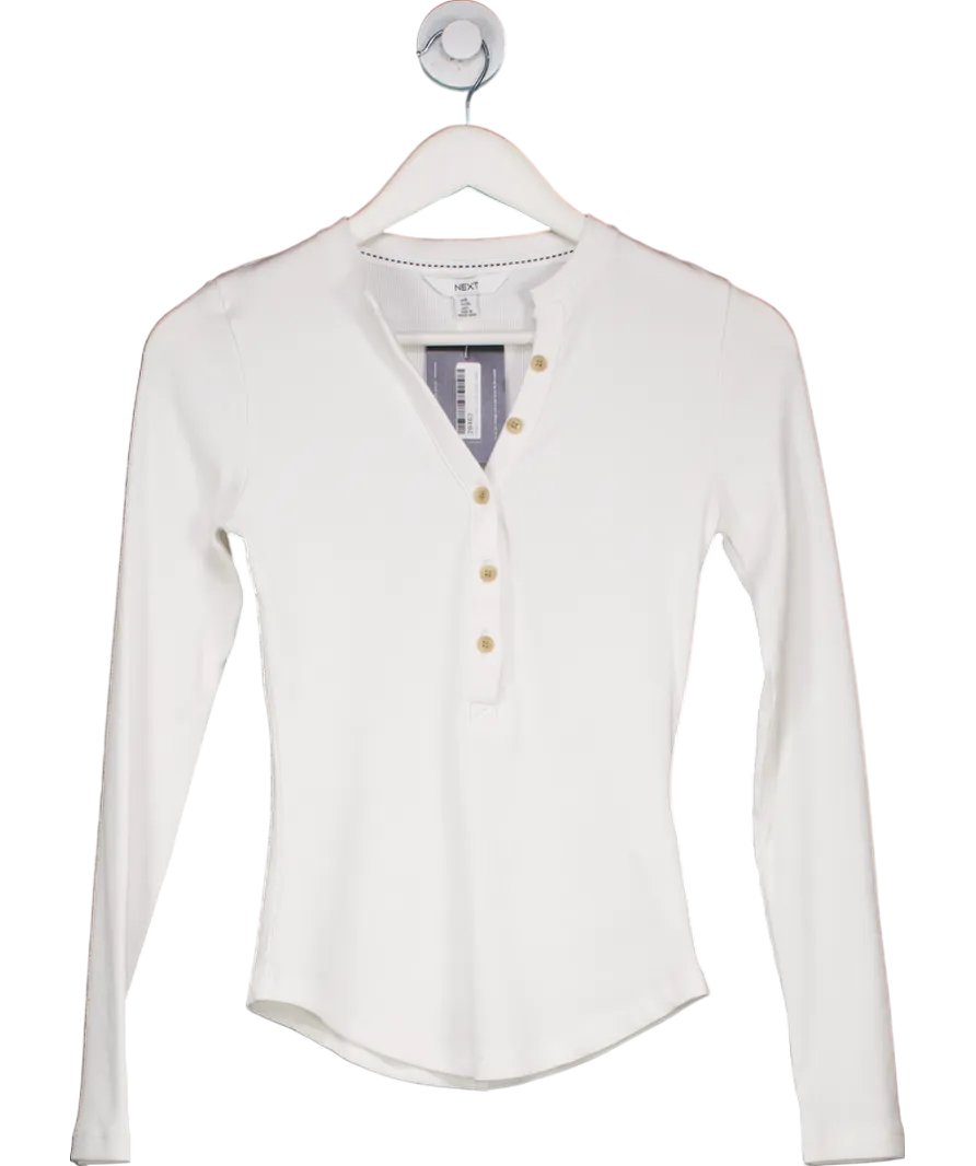 Next White Ribbed Henley Long Sleeve Top UK 8