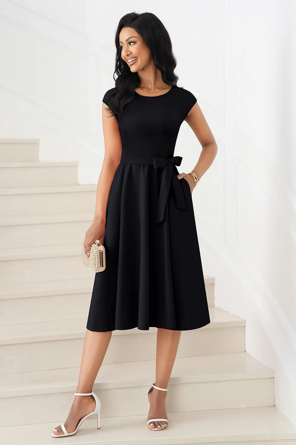 Nmoder Cocktail Summer Elegant Fit and Flare Dresses for Women Vintage Tea Party Cap Sleeve Dresses with Belt & Pockets