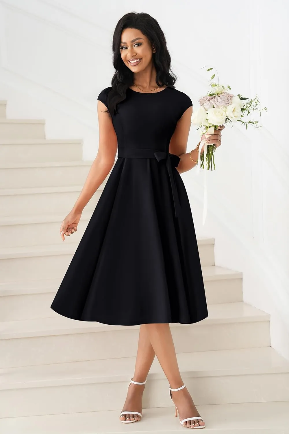 Nmoder Cocktail Summer Elegant Fit and Flare Dresses for Women Vintage Tea Party Cap Sleeve Dresses with Belt & Pockets