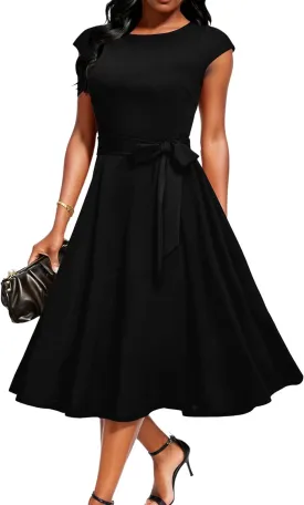 Nmoder Cocktail Summer Elegant Fit and Flare Dresses for Women Vintage Tea Party Cap Sleeve Dresses with Belt & Pockets