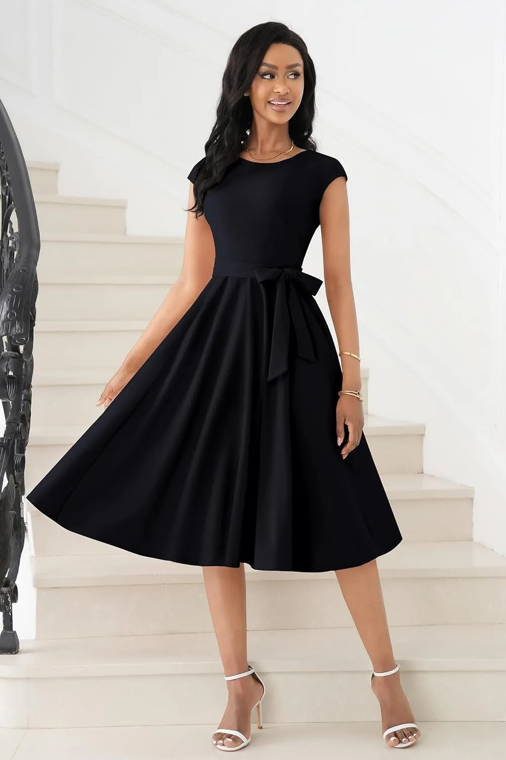 Nmoder Cocktail Summer Elegant Fit and Flare Dresses for Women Vintage Tea Party Cap Sleeve Dresses with Belt & Pockets