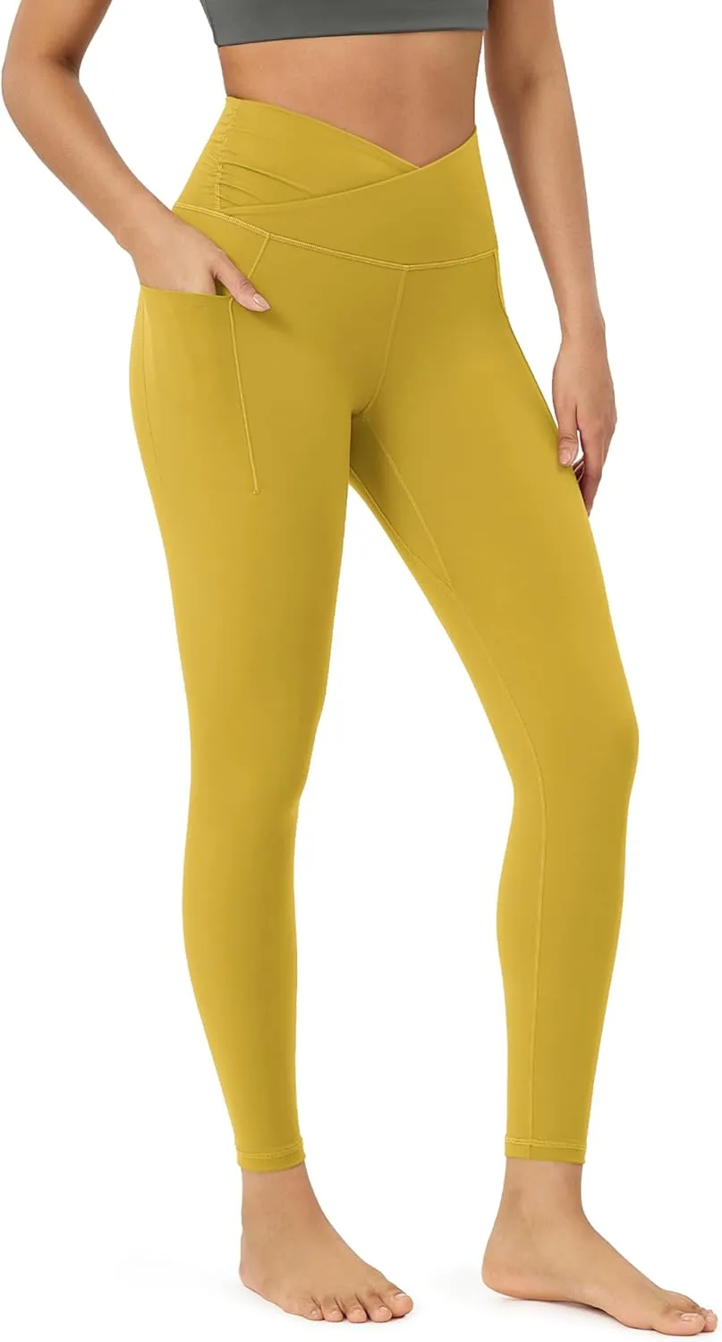 ODODOS Women's Gathered Cross Waist Yoga Leggings with Pockets, 25" / 28" Crossover Workout Yoga Pants