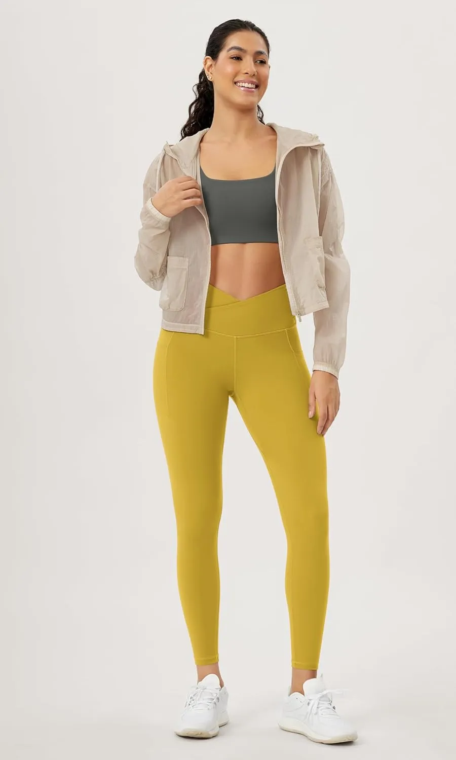 ODODOS Women's Gathered Cross Waist Yoga Leggings with Pockets, 25" / 28" Crossover Workout Yoga Pants