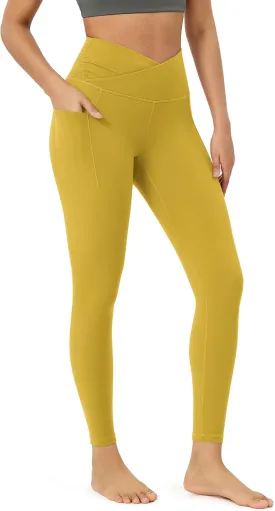 ODODOS Women's Gathered Cross Waist Yoga Leggings with Pockets, 25" / 28" Crossover Workout Yoga Pants