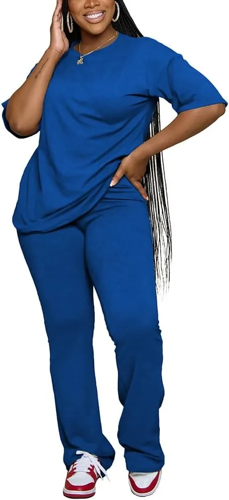 PINSV Women 2 Piece Outfits Short Sleeve Top and Flare Pants Lounge Sets Tracksuit