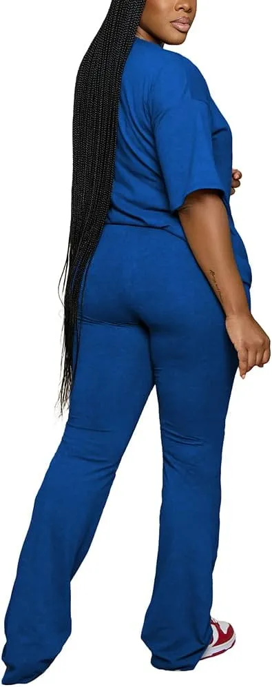 PINSV Women 2 Piece Outfits Short Sleeve Top and Flare Pants Lounge Sets Tracksuit