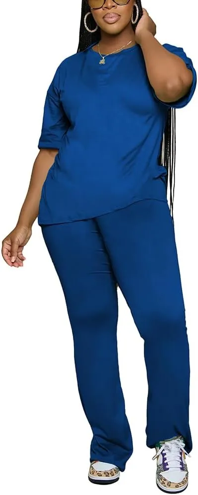 PINSV Women 2 Piece Outfits Short Sleeve Top and Flare Pants Lounge Sets Tracksuit