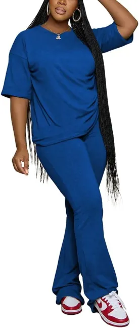PINSV Women 2 Piece Outfits Short Sleeve Top and Flare Pants Lounge Sets Tracksuit
