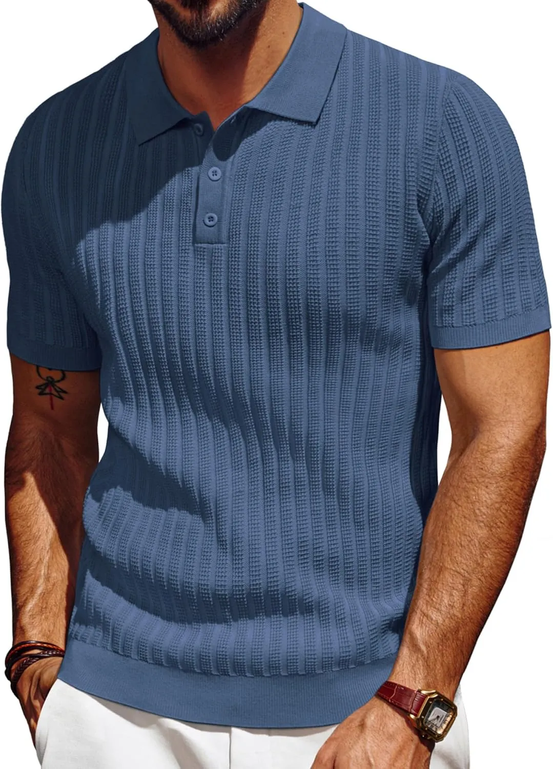 PJ PAUL JONES Mens Knit Polo Shirt Short Sleeve Textured Polo Shirts Casual Summer Collared Polo T Shirt