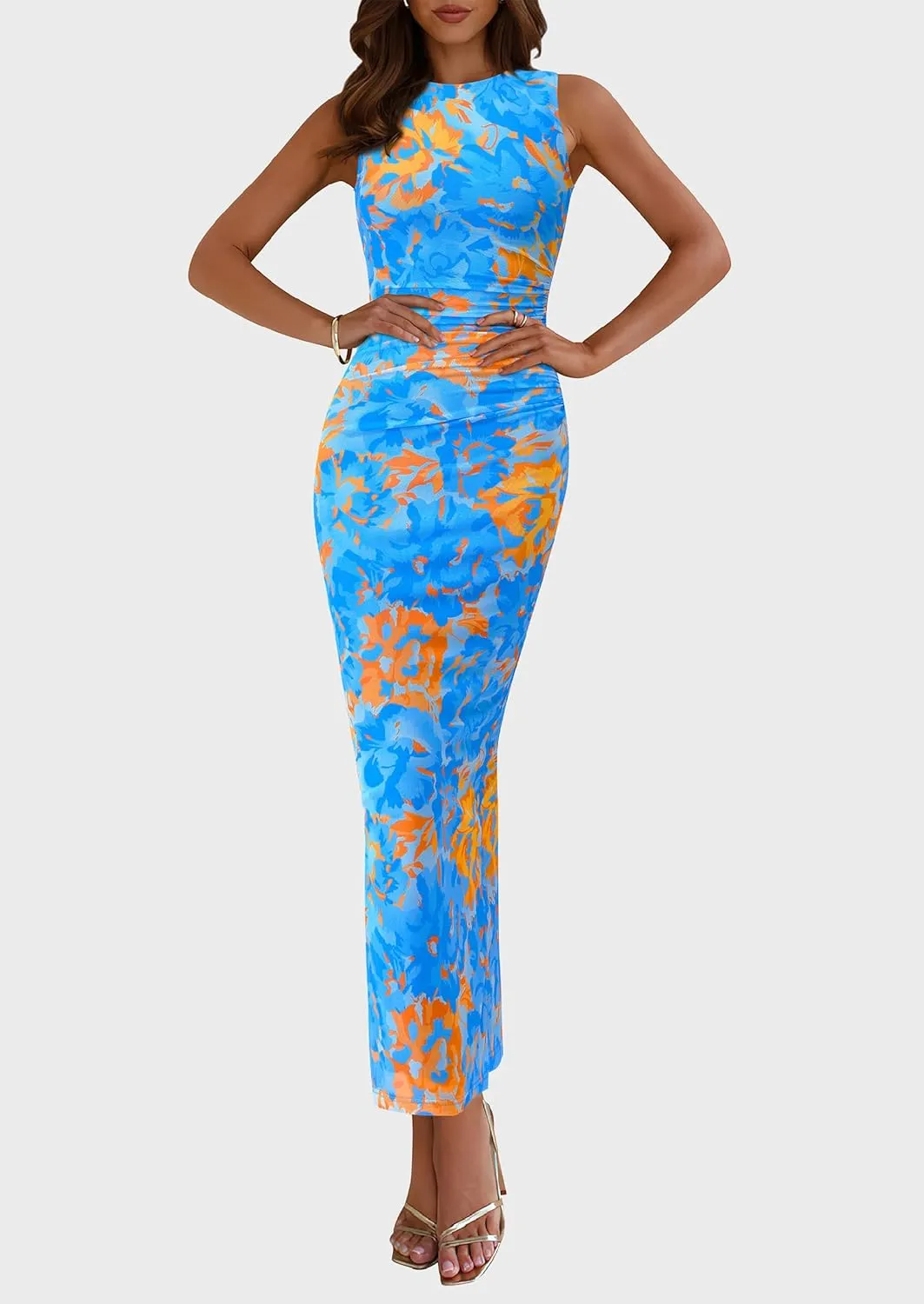 PRETTYGARDEN Wedding Guest Dresses for Women 2025 Summer Spring Floral Bodycon Sleeveless Mesh Maxi Long Dress