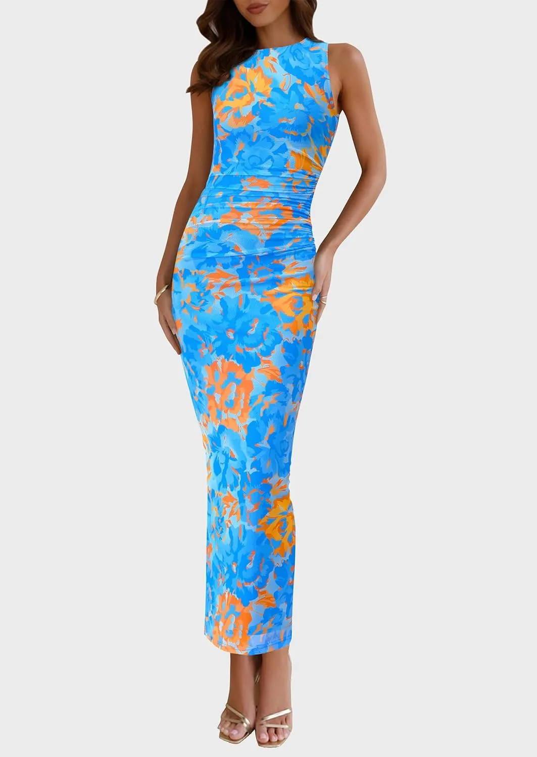 PRETTYGARDEN Wedding Guest Dresses for Women 2025 Summer Spring Floral Bodycon Sleeveless Mesh Maxi Long Dress