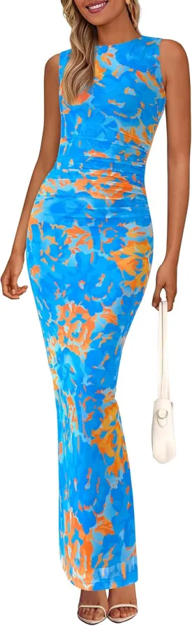 PRETTYGARDEN Wedding Guest Dresses for Women 2025 Summer Spring Floral Bodycon Sleeveless Mesh Maxi Long Dress