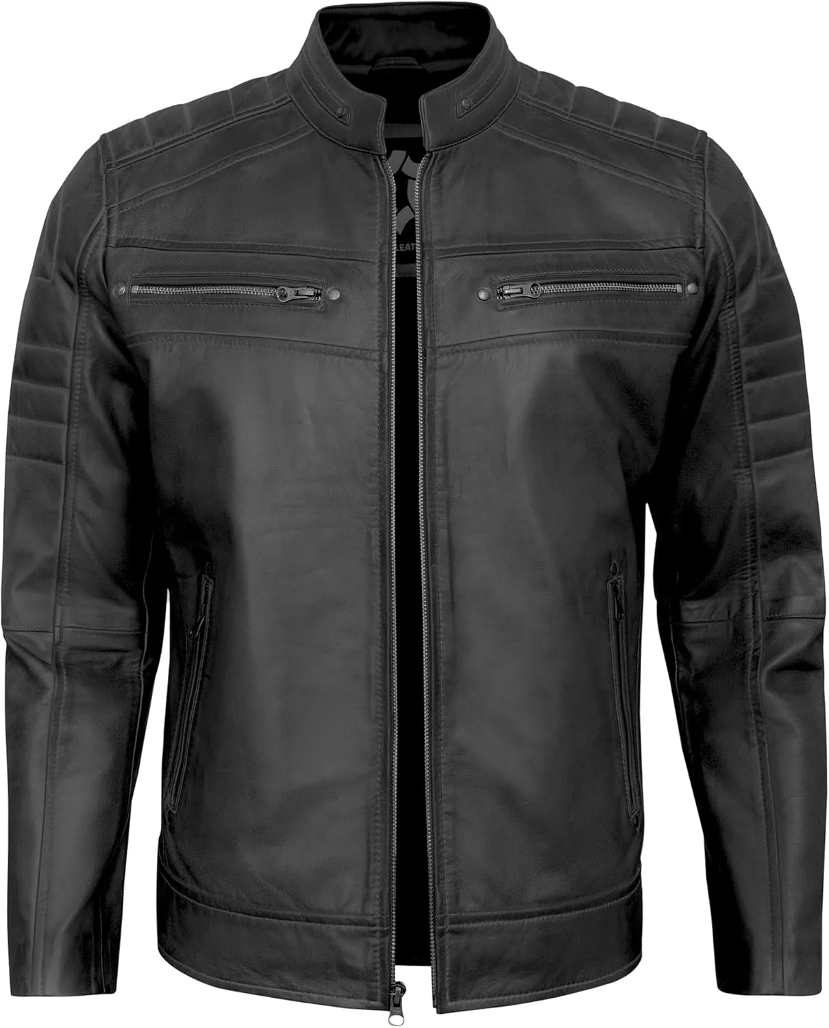 Real Leather Jacket Men - Quilted Biker Style Stand Collar Zip-Up Fashion Motorcycle Leather Jackets For Mens