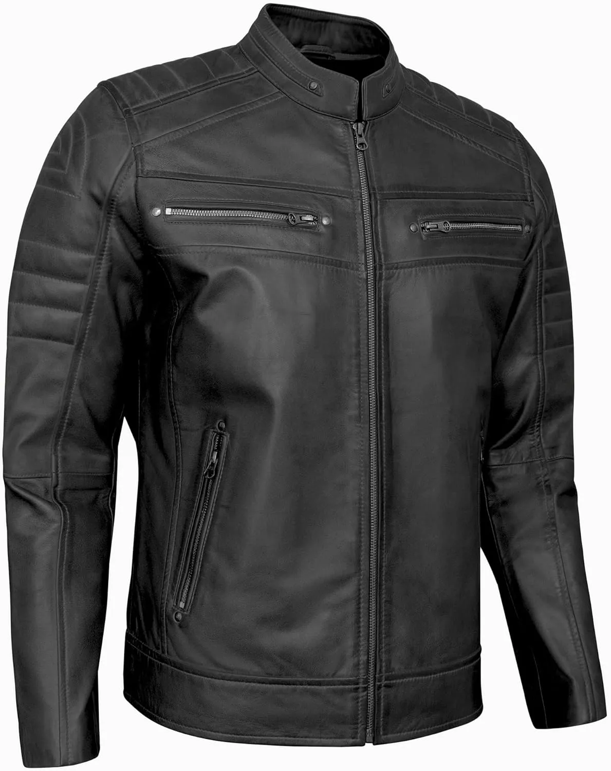 Real Leather Jacket Men - Quilted Biker Style Stand Collar Zip-Up Fashion Motorcycle Leather Jackets For Mens