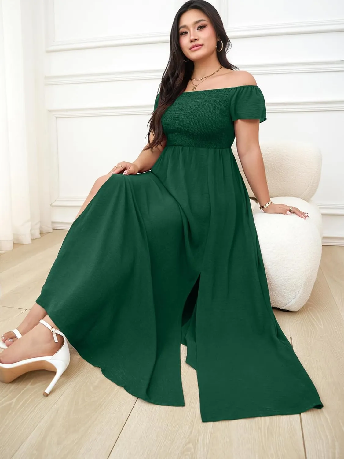RWJ Womens Plus Size Wedding Guest Dress Summer Off Shoulder Short Sleeve Party Cocktail A-Line Split Long Maxi Dresses