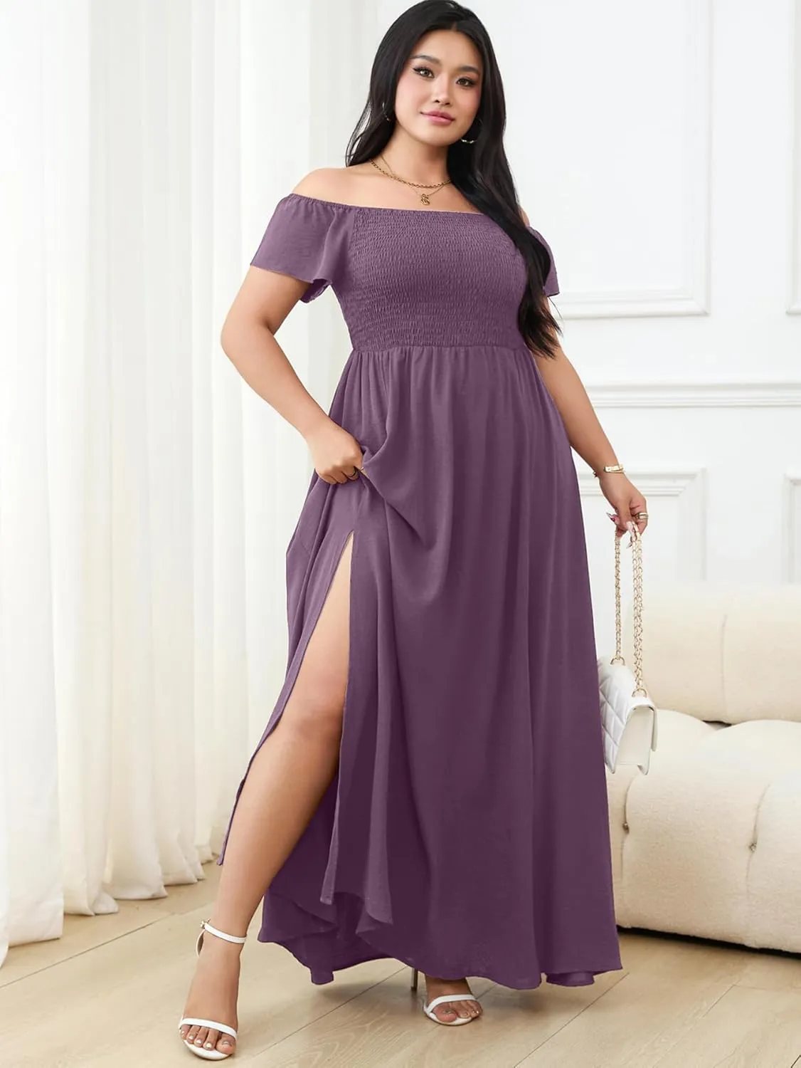 RWJ Womens Plus Size Wedding Guest Dress Summer Off Shoulder Short Sleeve Party Cocktail A-Line Split Long Maxi Dresses