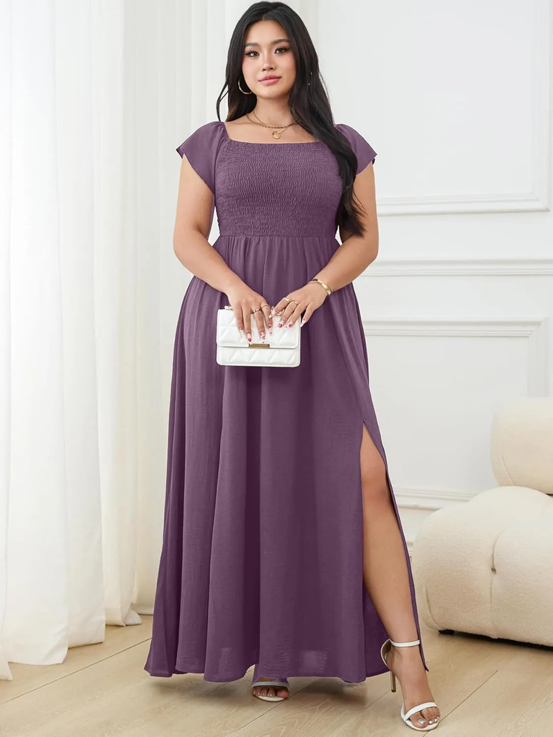 RWJ Womens Plus Size Wedding Guest Dress Summer Off Shoulder Short Sleeve Party Cocktail A-Line Split Long Maxi Dresses