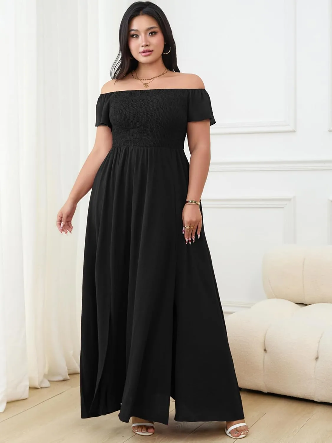 RWJ Womens Plus Size Wedding Guest Dress Summer Off Shoulder Short Sleeve Party Cocktail A-Line Split Long Maxi Dresses