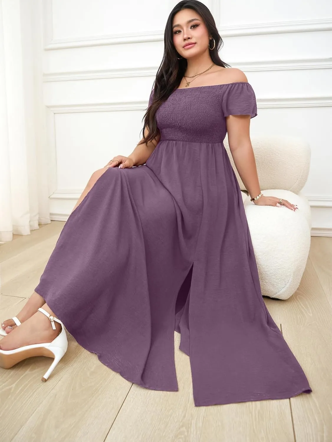 RWJ Womens Plus Size Wedding Guest Dress Summer Off Shoulder Short Sleeve Party Cocktail A-Line Split Long Maxi Dresses