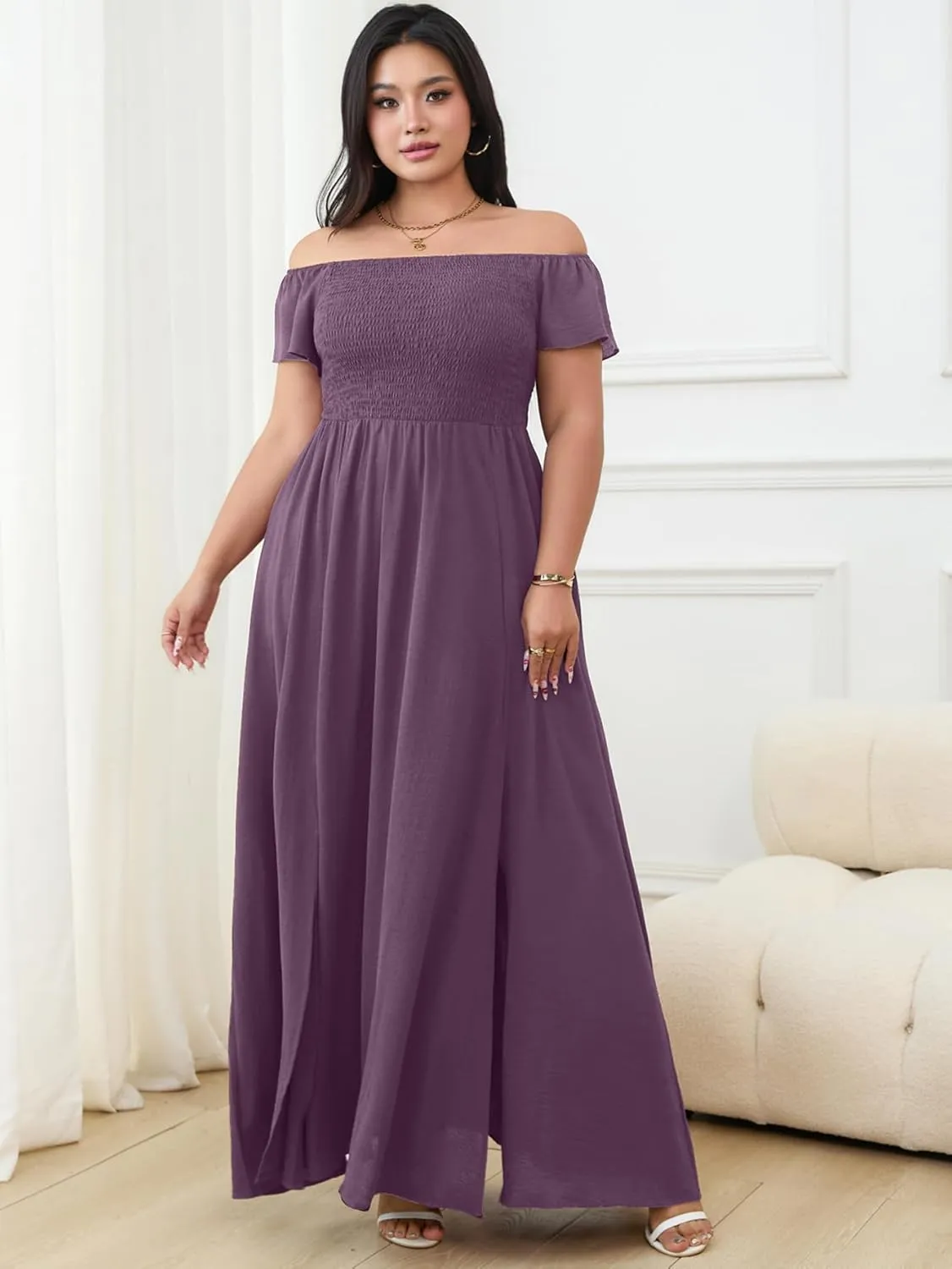RWJ Womens Plus Size Wedding Guest Dress Summer Off Shoulder Short Sleeve Party Cocktail A-Line Split Long Maxi Dresses