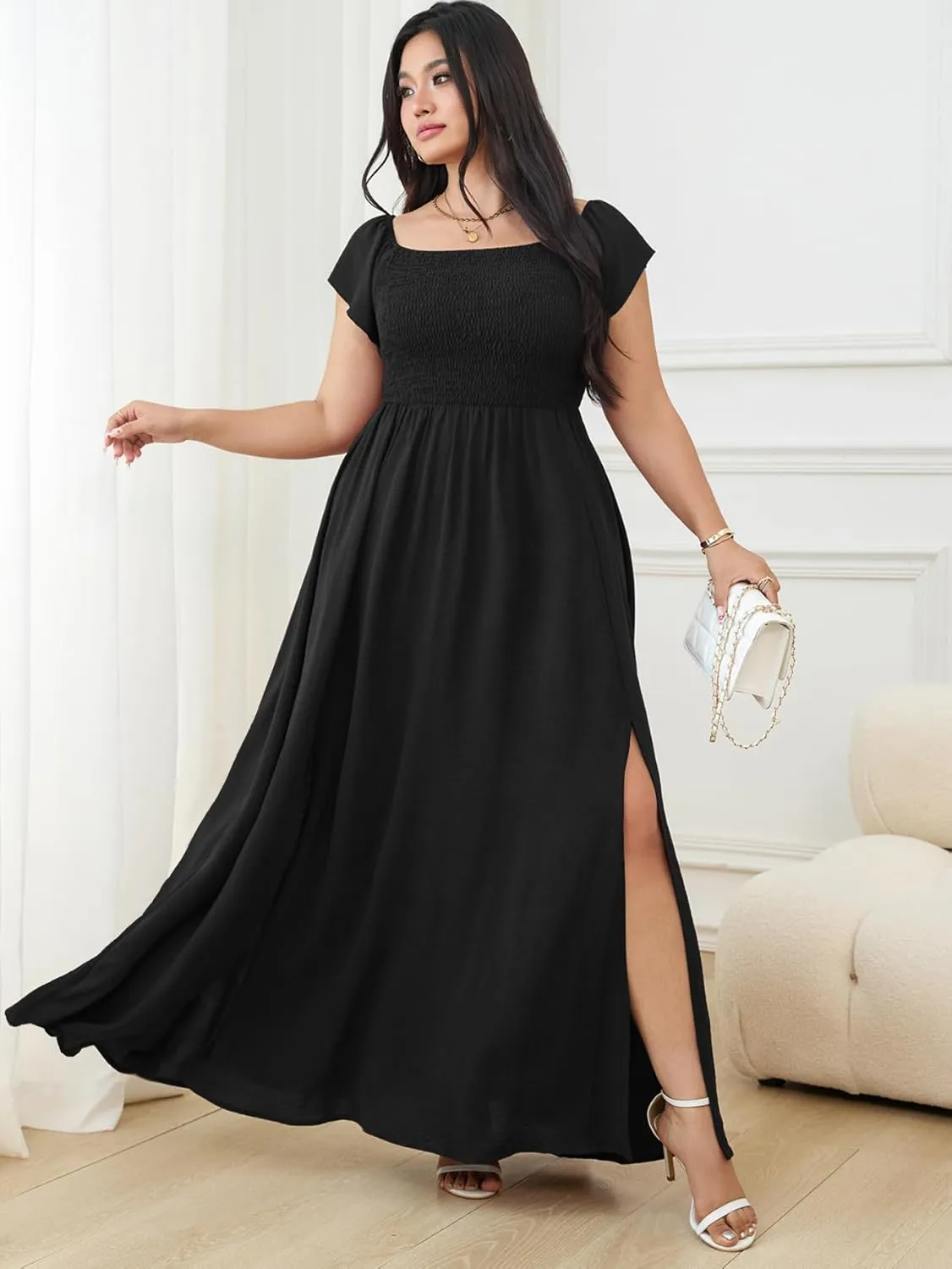 RWJ Womens Plus Size Wedding Guest Dress Summer Off Shoulder Short Sleeve Party Cocktail A-Line Split Long Maxi Dresses