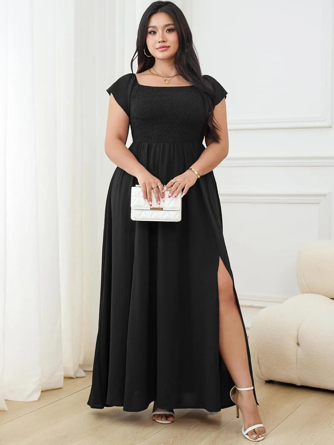 RWJ Womens Plus Size Wedding Guest Dress Summer Off Shoulder Short Sleeve Party Cocktail A-Line Split Long Maxi Dresses