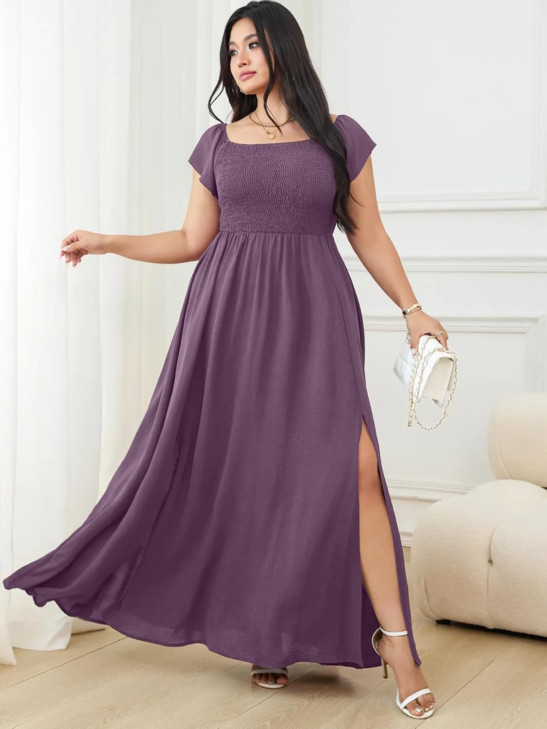RWJ Womens Plus Size Wedding Guest Dress Summer Off Shoulder Short Sleeve Party Cocktail A-Line Split Long Maxi Dresses