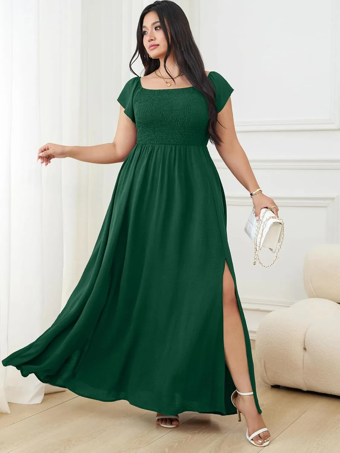 RWJ Womens Plus Size Wedding Guest Dress Summer Off Shoulder Short Sleeve Party Cocktail A-Line Split Long Maxi Dresses