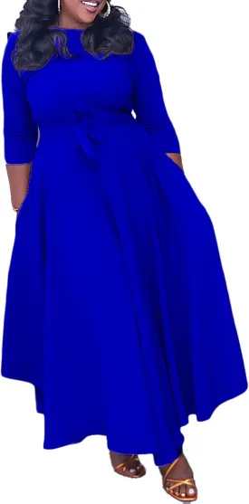 Sexyshine Women's Casual Round Neck 3/4 Long Sleeve Maxi Dress A-Line Self Tie High Waist Flare Pleated Swing Long Dresses