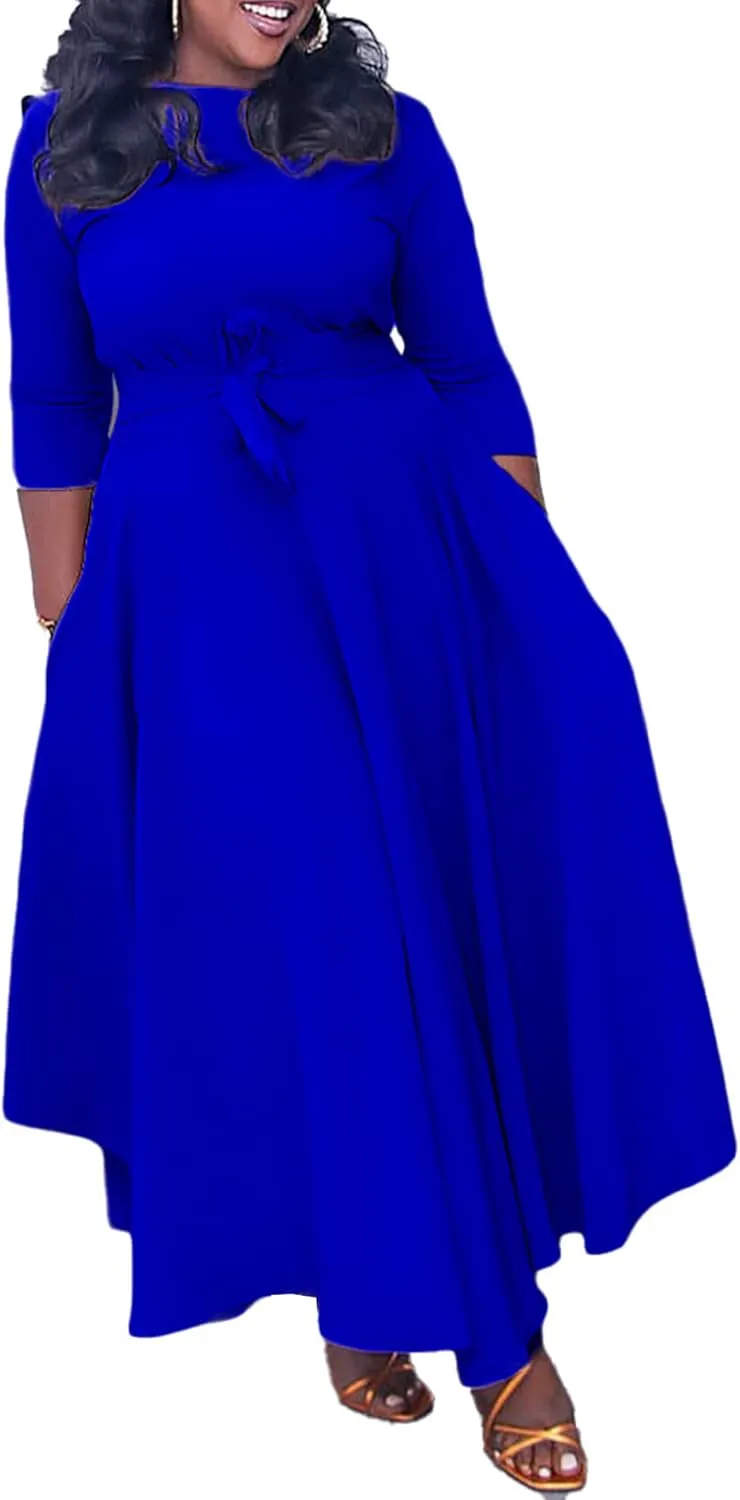 Sexyshine Women's Casual Round Neck 3/4 Long Sleeve Maxi Dress A-Line Self Tie High Waist Flare Pleated Swing Long Dresses