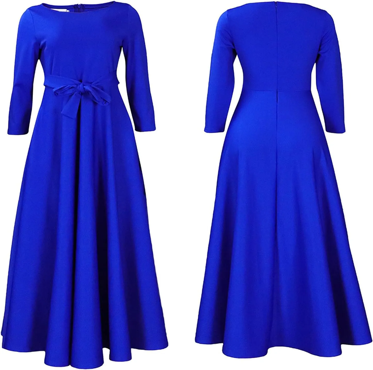 Sexyshine Women's Casual Round Neck 3/4 Long Sleeve Maxi Dress A-Line Self Tie High Waist Flare Pleated Swing Long Dresses
