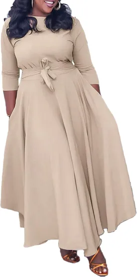 Sexyshine Women's Casual Round Neck 3/4 Long Sleeve Maxi Dress A-Line Self Tie High Waist Flare Pleated Swing Long Dresses