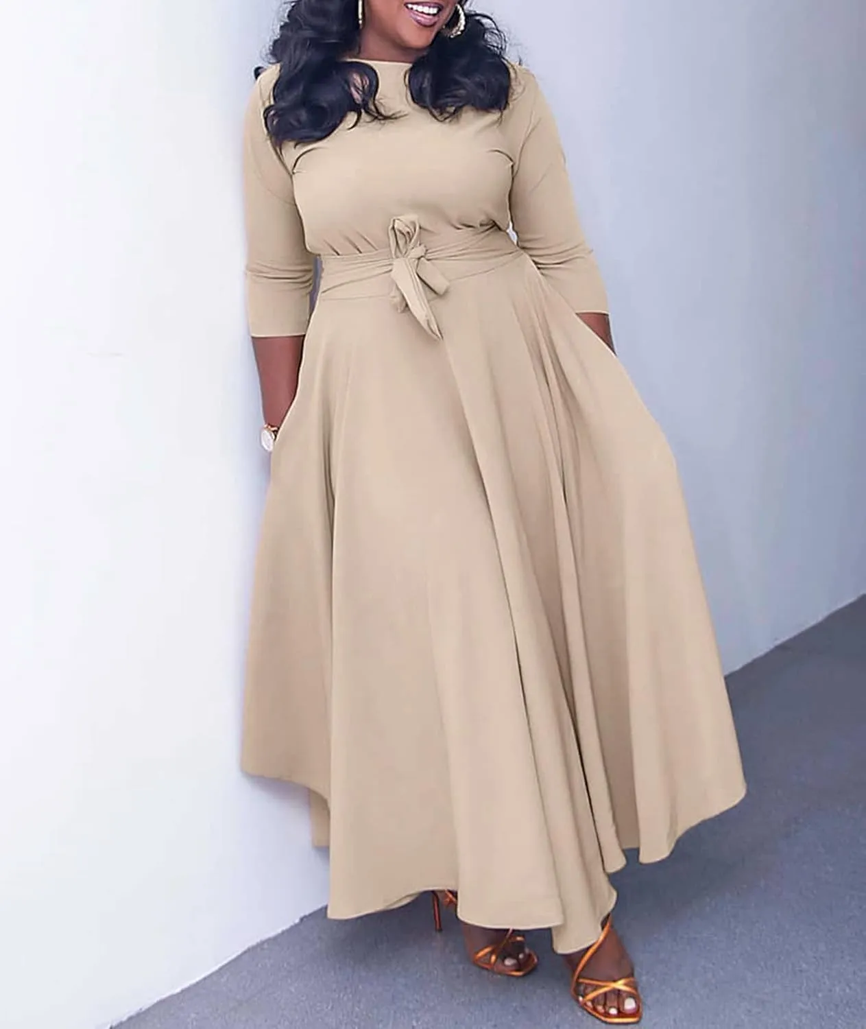 Sexyshine Women's Casual Round Neck 3/4 Long Sleeve Maxi Dress A-Line Self Tie High Waist Flare Pleated Swing Long Dresses