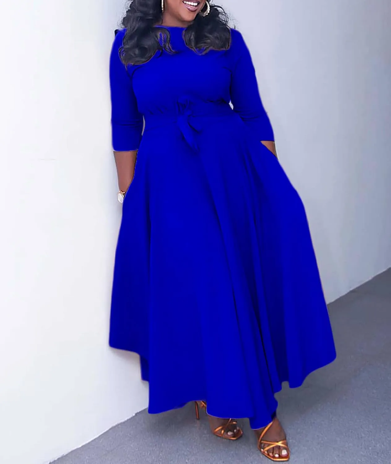 Sexyshine Women's Casual Round Neck 3/4 Long Sleeve Maxi Dress A-Line Self Tie High Waist Flare Pleated Swing Long Dresses